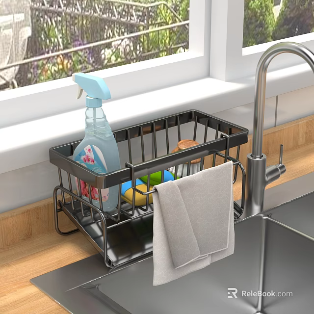 Kitchen Sink Organizer With Cleaning Spray Sponge And Hanging Towel By Window 3d model 