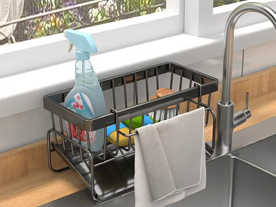Kitchen Sink Organizer With Cleaning Spray Sponge And Hanging Towel By Window 3d model