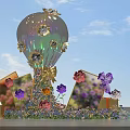 Colorful Photo Spot With Decorated Hot Air Balloon Photo Frames Gift Boxes And Blue Sky