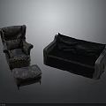 Brown Leather Armchair Ottoman And Black Fabric Sofa Living Room Furniture