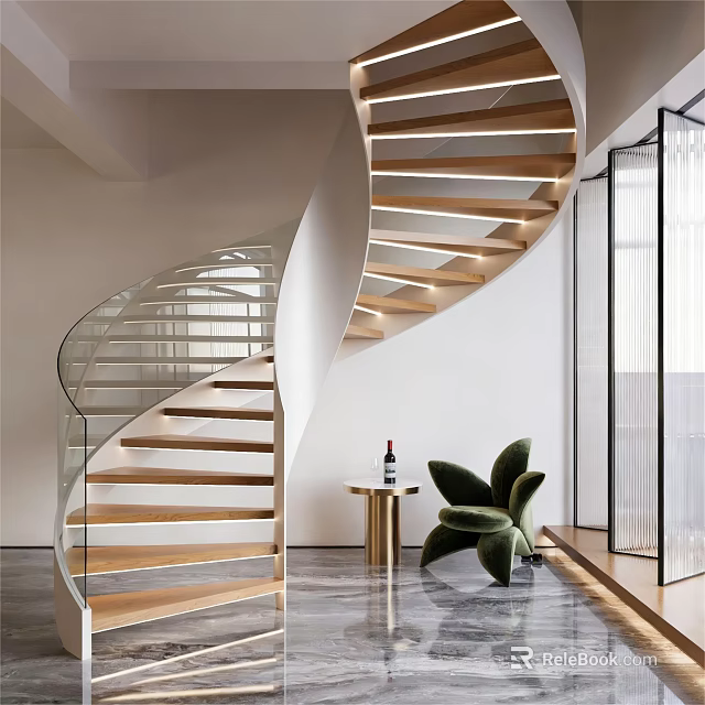 Modern Spiral Staircase with Wooden Treads Glass Railing in Bright Interior and Green Chair 3d model 