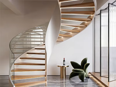 Modern Spiral Staircase with Wooden Treads Glass Railing in Bright Interior and Green Chair 3d model