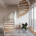 Modern Spiral Staircase with Wooden Treads Glass Railing in Bright Interior and Green Chair