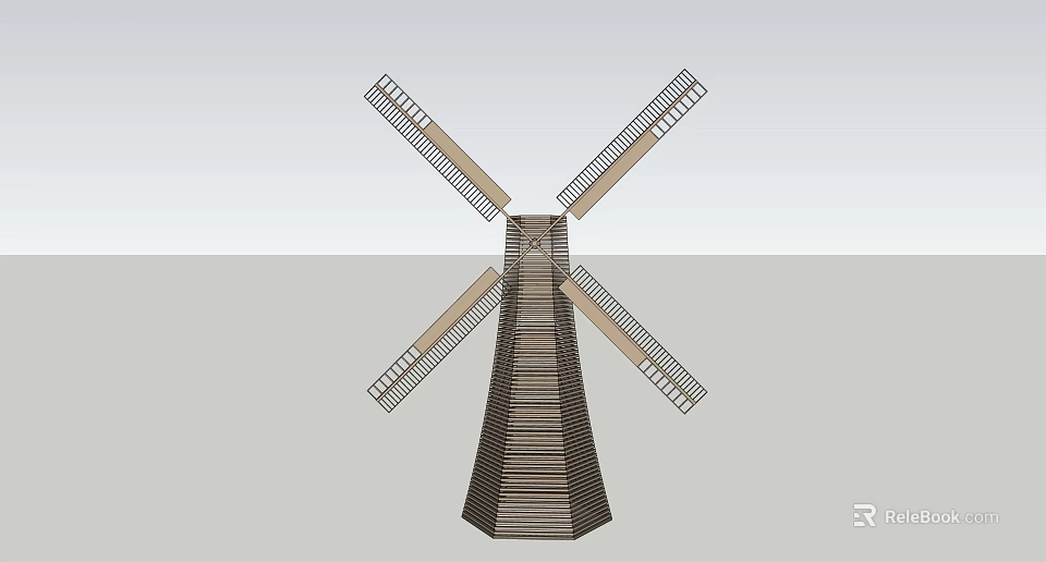 Windmill Architectural Components With Wooden Tower And Rotating Blades Design 3d model 