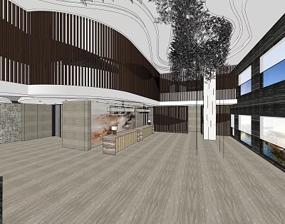 Modern Front Desk Reception Area With Curved Wooden Panels Decorative Wall And Large Plant 3d model