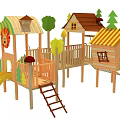 Wooden Playground Play Equipment with Tree House Slide Fence Climbing Net and Decorative Trees