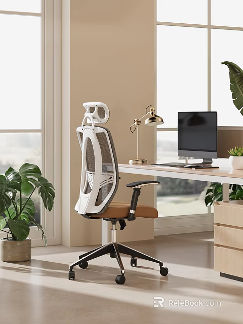 Ergonomic Mesh Office Chair In Bright Public Workspace With Desk Lamp Monitor And Green Plants 3d model 
