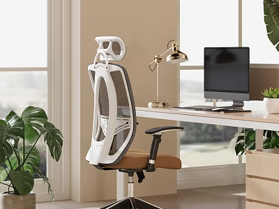 Ergonomic Mesh Office Chair In Bright Public Workspace With Desk Lamp Monitor And Green Plants 3d model