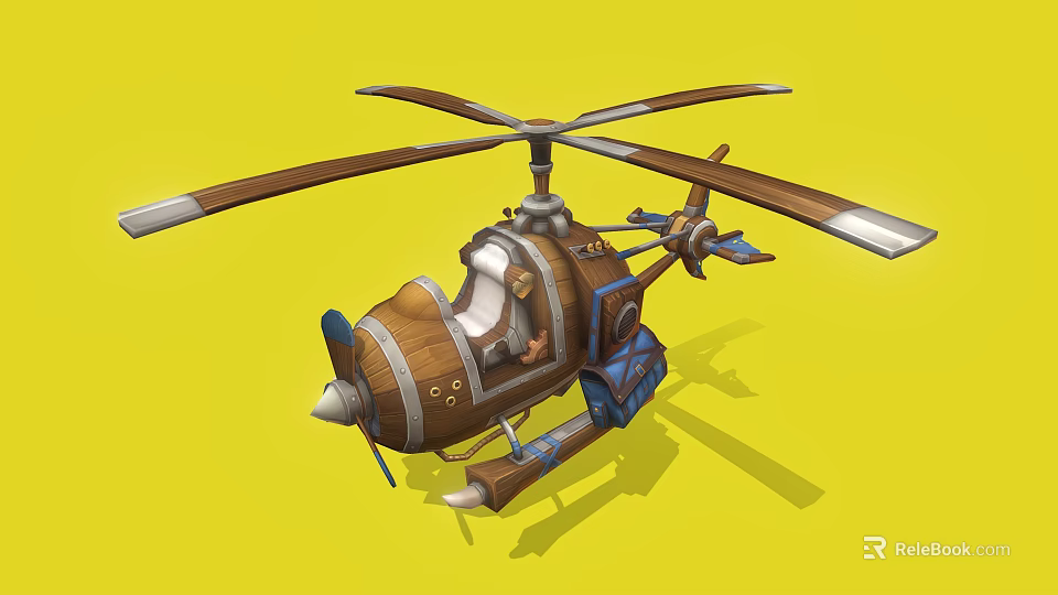 Retro Wooden Helicopter With Propellers Cockpit And Detailed Design On Yellow Background 3d model 