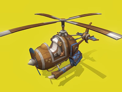 Retro Wooden Helicopter With Propellers Cockpit And Detailed Design On Yellow Background 3d model