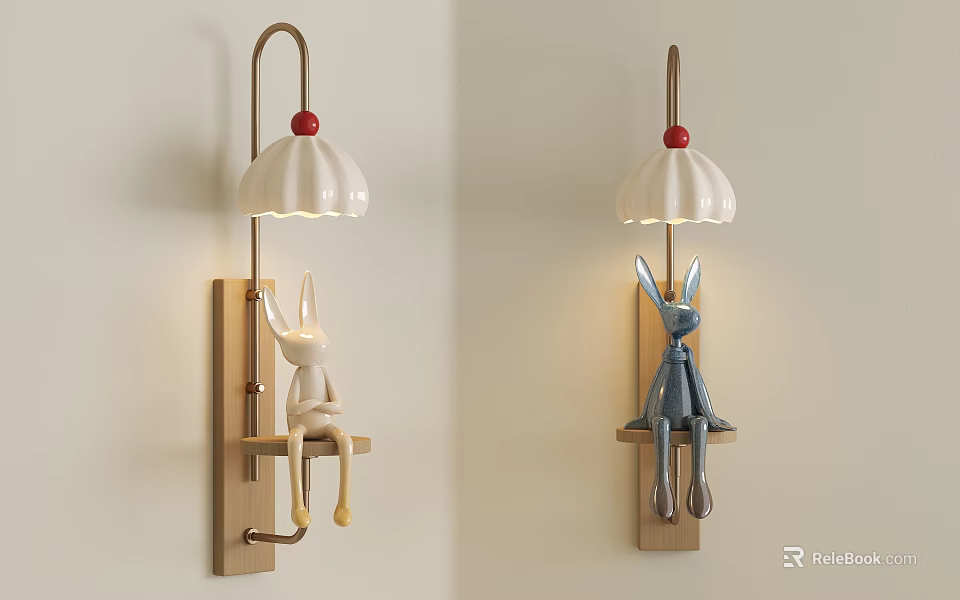 Decorative Wall Lamps With Rabbit Figurine White Lampshade Blue Beige Wooden Base Kids Room Decor 3d model 