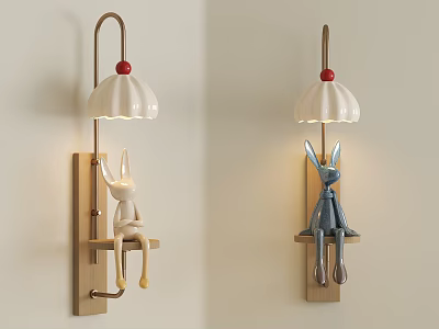 Decorative Wall Lamps With Rabbit Figurine White Lampshade Blue Beige Wooden Base Kids Room Decor 3d model