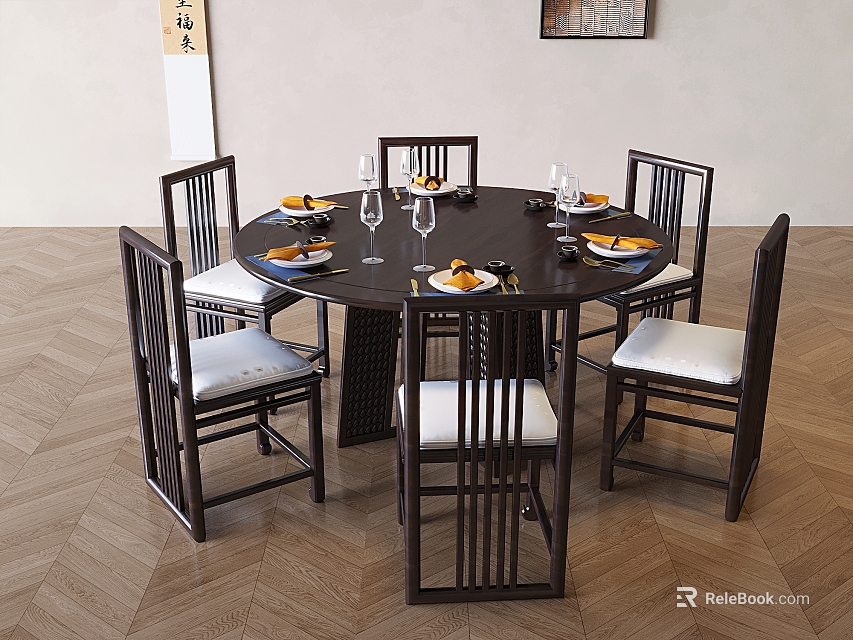Traditional Chinese Dark Wood Round Dining Table With Six White Cushioned Chairs And Table Settings 3d model 