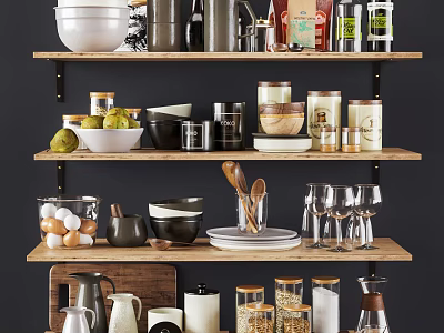 Organized Kitchen Wooden Shelves With Various Kitchenware Bowls Plates Jars And Glassware 3d model