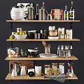 Organized Kitchen Wooden Shelves With Various Kitchenware Bowls Plates Jars And Glassware