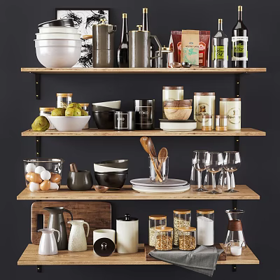 Organized Kitchen Wooden Shelves With Various Kitchenware Bowls Plates Jars And Glassware 3d model