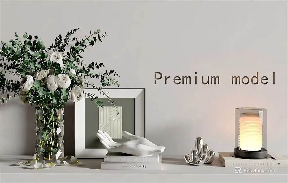 Premium Decorative Ornament Set With Vase White Flowers Picture Frame Hand Decor And Books 3d model 
