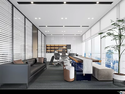 Modern Office Interior Design With Sofa Desk Floor to Ceiling Windows And Large Plant 3d model