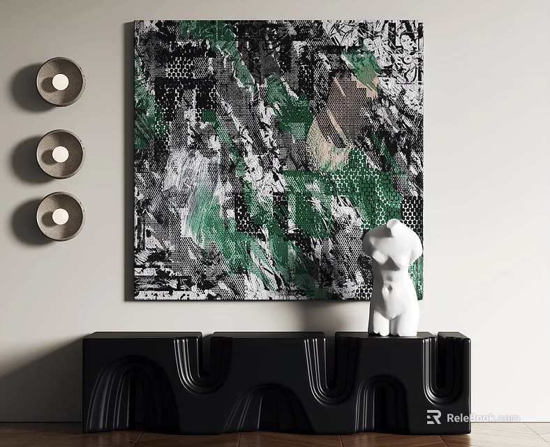 Abstract Green Black Painting With White Sculpture And Black Cabinet Circular Wall Lamps On Wall 3d model 