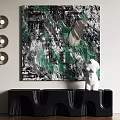 Abstract Green Black Painting With White Sculpture And Black Cabinet Circular Wall Lamps On Wall