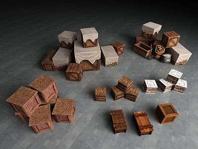 Collection of Wooden Boxes in Various Sizes with Cloth Covers on Gray Floor 3d model