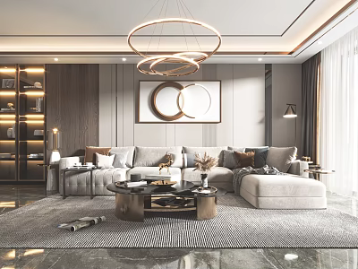 Modern Elegant Living Room Interior With Gray Sectional Sofa Round Chandelier And Coffee Table 3d model
