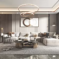 Modern Elegant Living Room Interior With Gray Sectional Sofa Round Chandelier And Coffee Table