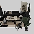Modern Sofa with Throw Pillows and Coffee Table Set Geometric Rug Green Plants Decorative Items