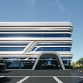 Modern Industrial Factory Building With Glass Curtain Wall Multi Storey Structure Parking Lot And Trees