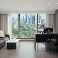 Modern Office Interior With Large Windows City View Sofa Bookshelves And Decorative Sculpture