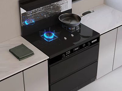 Modern Black Kitchen Appliances With Gas Stove Range Hood White Countertop And Cabinets 3d model