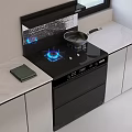 Modern Black Kitchen Appliances With Gas Stove Range Hood White Countertop And Cabinets