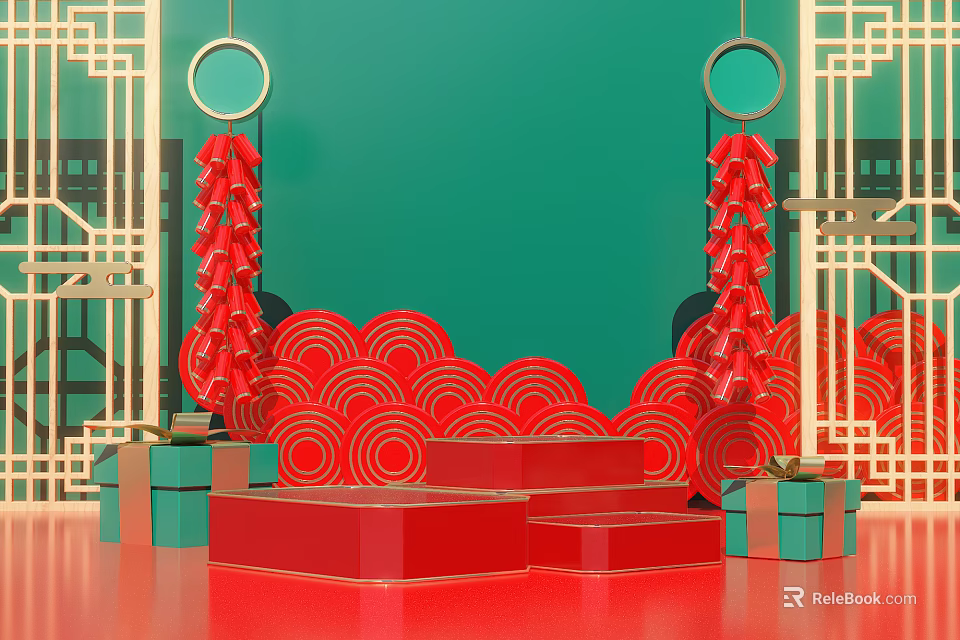 Traditional Chinese Decorative Scene With Green Background Red Cloud Patterns Golden Frames And Gift Boxes 3d model