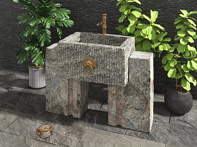 Natural Stone Washbasin with Copper Faucet and Green Plants on Stone Tile Floor 3d model