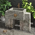 Natural Stone Washbasin with Copper Faucet and Green Plants on Stone Tile Floor