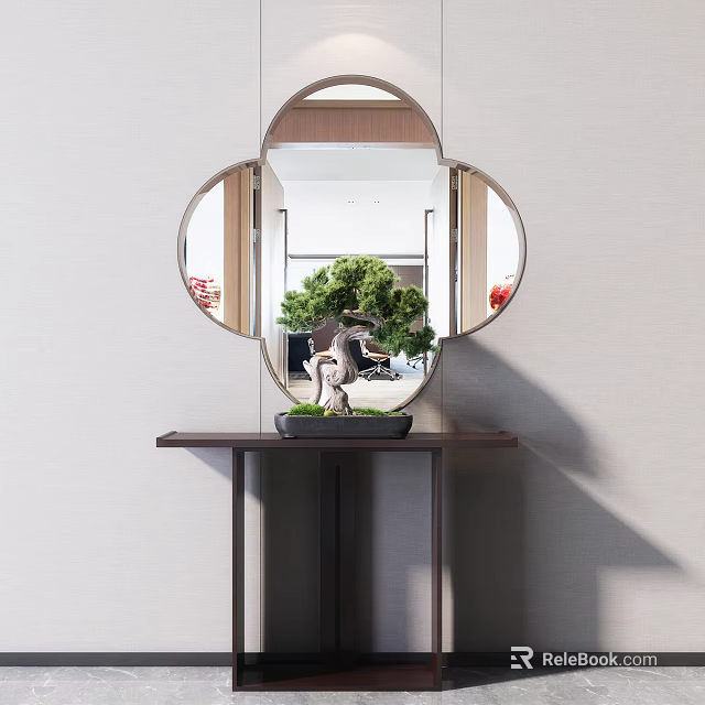 Elegant Console Table Interior With Clover Shaped Mirror And Potted Pine Tree 3d model