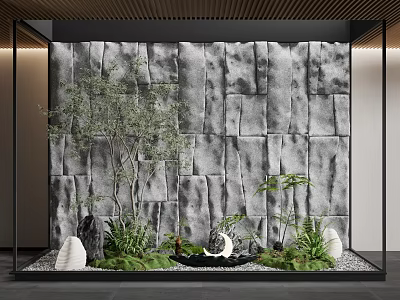Indoor Zen Karesansui Garden Design With Textured Stone Wall Green Plants And Decorative Stones 3d model