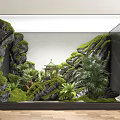 Garden Miniature Scene With Moss Covered Rocks Small Pavilion And Lush Plants In Glass Frame