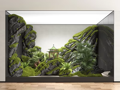 Garden Miniature Scene With Moss Covered Rocks Small Pavilion And Lush Plants In Glass Frame 3d model