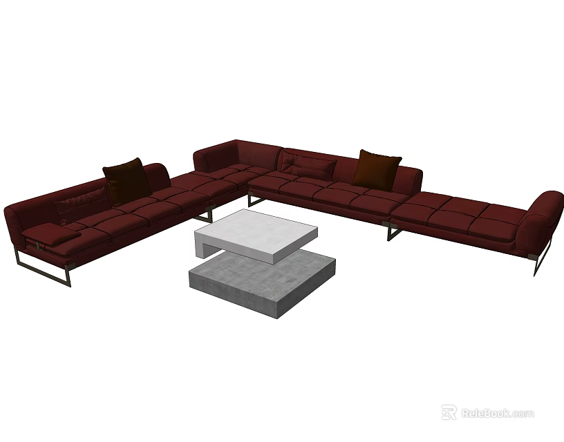 Modern Red Sectional Sofa With Dark Cushions And White Square Coffee Tables 3d model