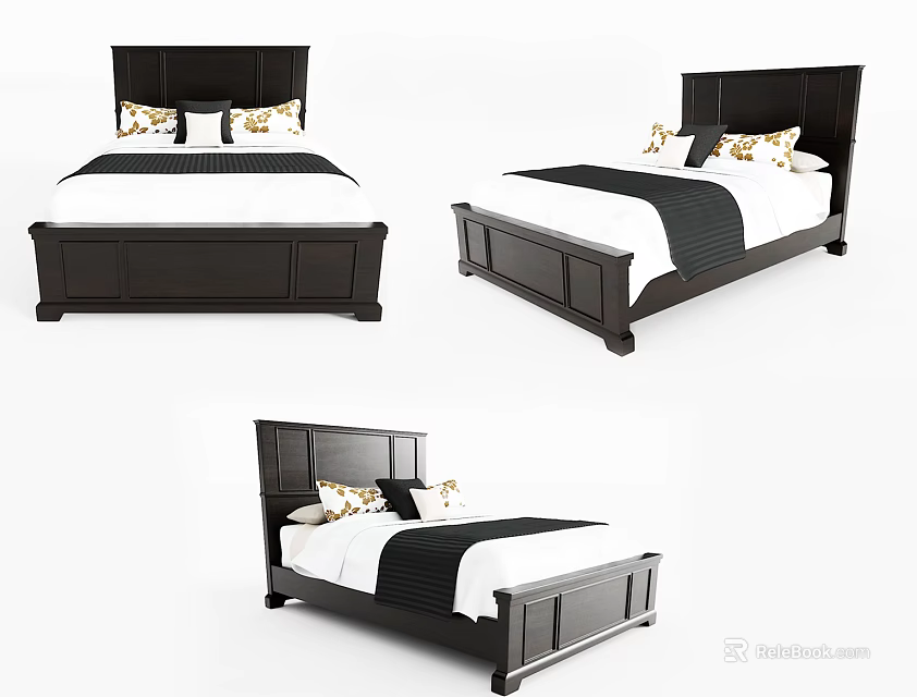 Modern Dark Wood Double Bed With White Bedding And Decorative Pillows 3d model