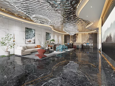 Elegant Hotel Lobby Interior With Marble Flooring Artistic Ceiling And Comfortable Seating Area 3d model