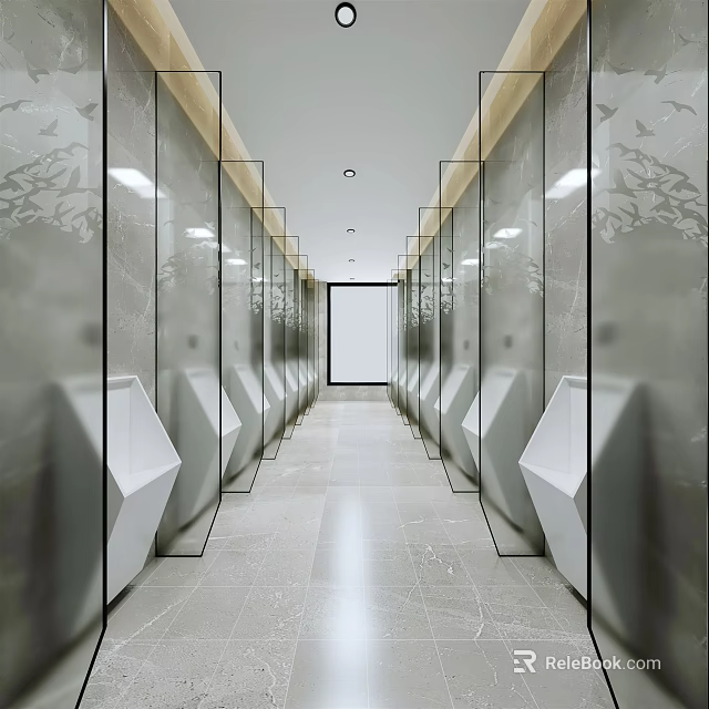 Modern Public Restroom Interior With Urinals Arranged On Both Sides And Gray Walls 3d model 
