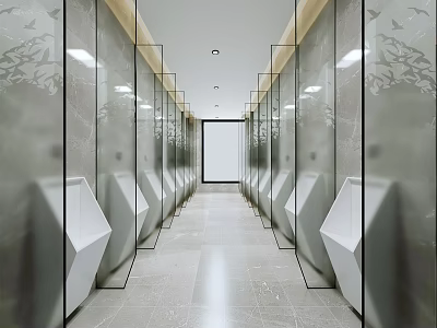 Modern Public Restroom Interior With Urinals Arranged On Both Sides And Gray Walls 3d model