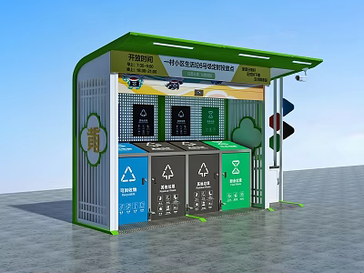 Waste Sorting Kiosk With Color Coded Bins And Recycling Labels Under Green Roof 3d model
