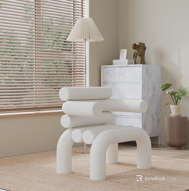 White Cozy Lounge Chair In Beige Room With Wooden Blinds Marble Dresser And Lamp 3d model 