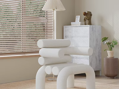White Cozy Lounge Chair In Beige Room With Wooden Blinds Marble Dresser And Lamp 3d model