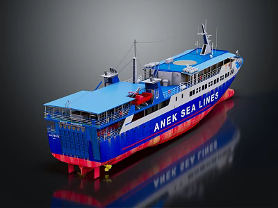 Wooden Ship Aner Sea Lines With Blue Red Hull And Upper Deck Structure 3d model
