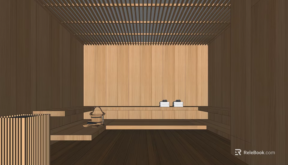 Traditional SPA Sauna Interior Design With Wooden Panel Walls And Relaxation Benches 3d model 