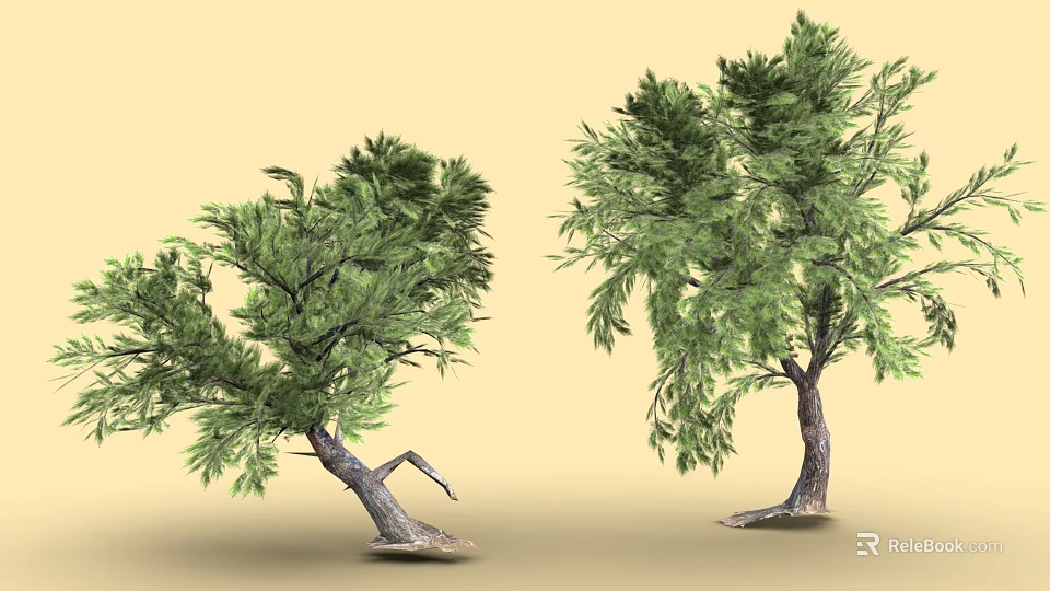 Cartoon Scenery Featuring Two Trees One Curved Trunk Another Straight Green Leaves With Yellow Background 3d model 